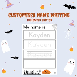 May include: A light blue Halloween-themed worksheet with the text "CUSTOMISED NAME WRITING HALLOWEEN EDITION". The worksheet includes the name "Kayden" in different writing styles, along with Halloween-themed illustrations such as bats, ghosts, and pumpkins.