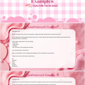 May include: A digital document titled UGC Outreach Examples featuring two email outreach templates on a pink and white checkered background with cloud-like shapes. The text includes placeholders for brand names, creator details, and links.