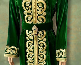 Moroccan Green Velvet Caftan with Gold Embroidery | Henna, Wedding & Festive Dress | Plus Size Available