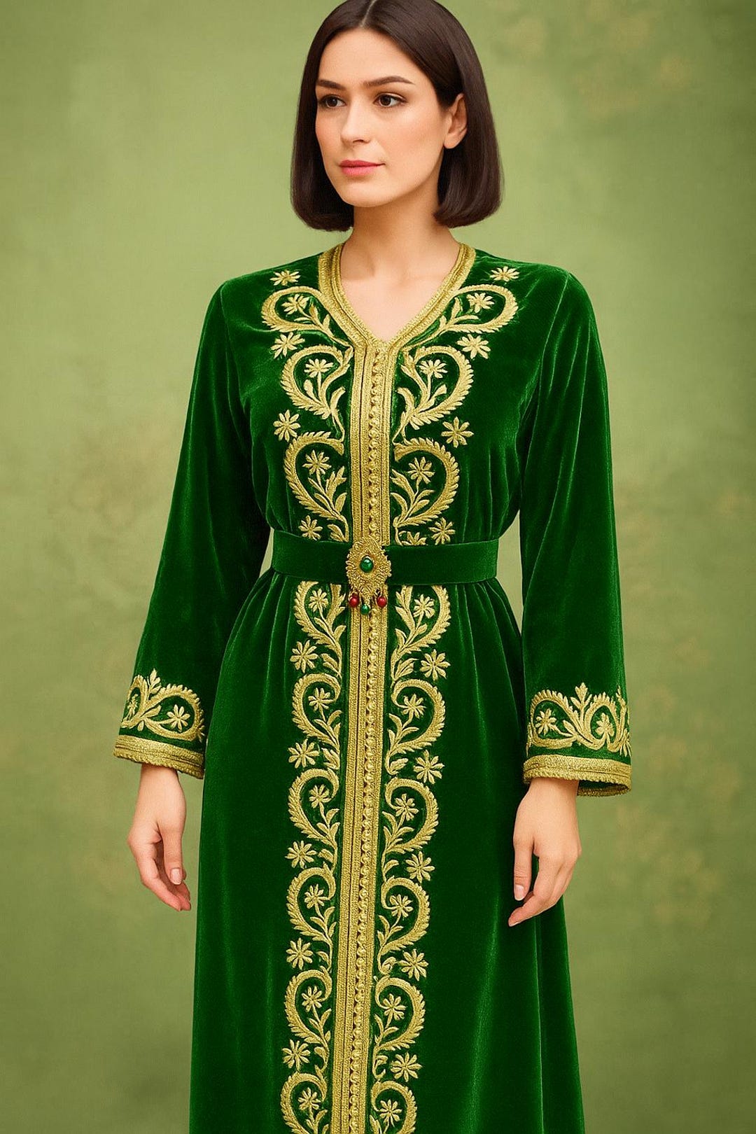 Moroccan Green Velvet Caftan With Gold Embroidery | Henna, Wedding ...