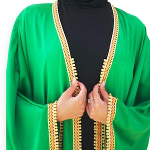 Zielone jedwabne marokańskie kimono – tradycyjne Sfifa i Laakad – rękawy typu nietoperz – elegancki strój abaja lub kaftan – duży rozmiar
