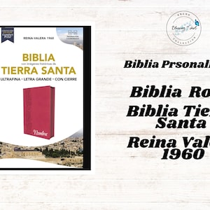 May include: A red Bible with the text "Biblia Tierra Santa" and "Reina Valera 1960" is displayed. The cover has the name "Nombre" and the words "ULTRAFINA LETRA GRANDE CON CIERRE". The image also includes the text "Biblia Prsonalizada" and "Biblia Rosa".