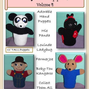 Puede incluir: Un conjunto de cuatro marionetas de mano de crochet, que incluyen un panda, una mariquita, un canguro y un ratón. Las marionetas miden 28 cm de alto y tienen diferentes estilos de ojos. La imagen incluye el texto "Playful Puppets Volume 4" y "Four Bees Designs".