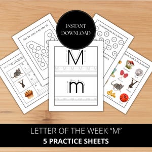 May include: Five black and white printable worksheets for learning the letter "M". The worksheets include tracing the letter, identifying the letter in a word search, and matching pictures that start with the letter "M".