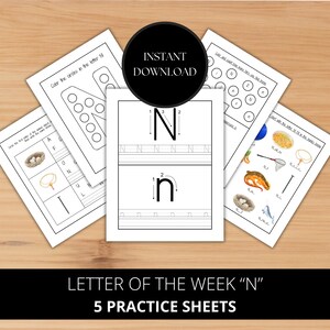 May include: Five black and white printable worksheets for learning the letter "N". The worksheets include tracing the letter, connecting the dots, and identifying pictures that start with the letter "N".