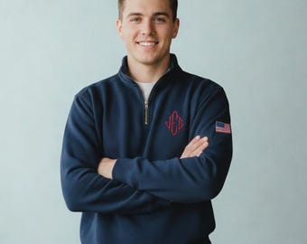 Personalized Embroidered Quarter Zip Sweater, Pullover with Custom Chest Logo and USA Flag Sleeve, Veteran Gift, Gift for Him, Patriotic Tee