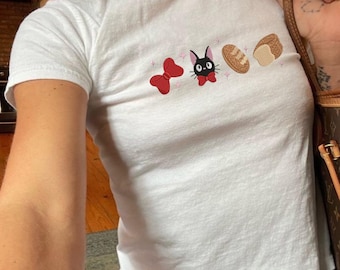 Embroidered Kiki Black Cat Bakery Bow Baby Tee, Ghilbi Anime Aesthetic Tank Top, Vintage Retro Magical Kitten Daily Crop Top, Cat Lover Gift
