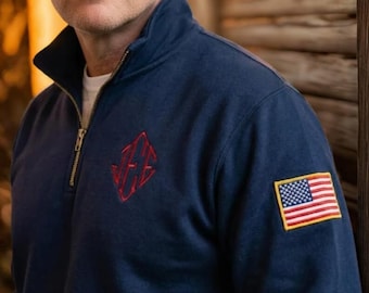 Custom Embroidered Quarter Zip Sweater, Pullover with Personalized Logo and USA Flag Sleeve, Veteran Gift, Patriotic Tee, Gift for Him