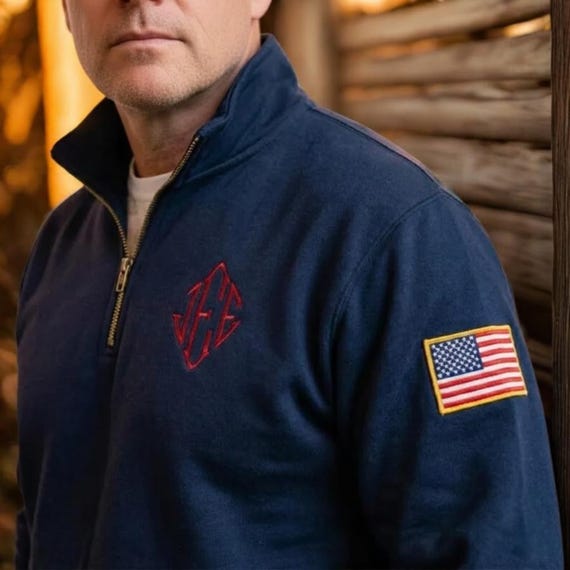 Custom Embroidered Quarter Zip Sweater, Pullover with Personalized Logo and USA Flag Sleeve, Veteran Gift, Patriotic Tee, Gift for Him