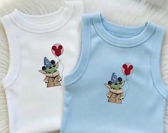 Camiseta sin mangas acanalada con gorro de hechicero Baby Yoda bordado, camiseta sin mangas con globo de Mickey Grogu, camiseta de viaje a Disney de Star Wars Fantasia, camiseta de Star Wars Galaxy