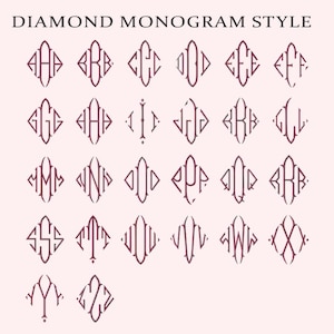 May include: A collection of diamond-shaped monogram designs in a burgundy color, displayed on a light pink background. The text "DIAMOND MONOGRAM STYLE" is at the top. Each monogram features a unique combination of letters, perfect for personalized gifts.