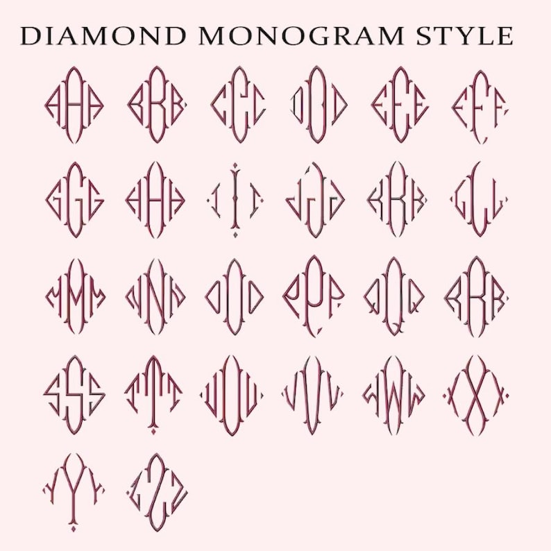May include: A collection of diamond-shaped monogram designs in a burgundy color, displayed on a light pink background. The text "DIAMOND MONOGRAM STYLE" is at the top. Each monogram features a unique combination of letters, perfect for personalized gifts.