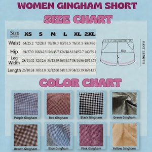 May include: A size and colour chart for women's gingham shorts. The chart includes waist, hip, leg width, and length measurements in both centimetres and inches. Colour swatches display purple, red, black, green, brown, blue, pink, and yellow gingham patterns.
