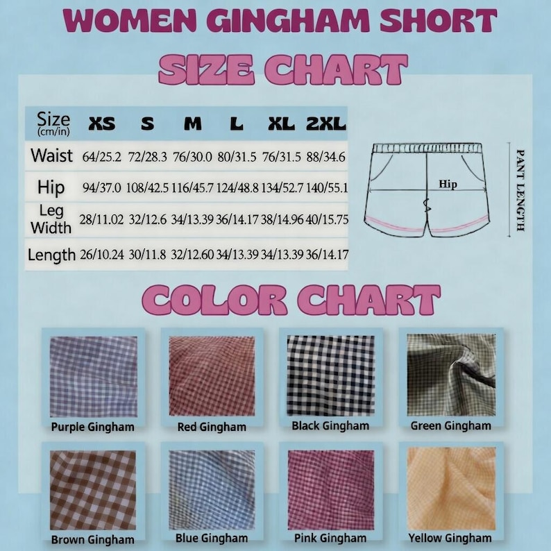 May include: A size and colour chart for women's gingham shorts. The chart includes waist, hip, leg width, and length measurements in both centimetres and inches. Colour swatches display purple, red, black, green, brown, blue, pink, and yellow gingham patterns.