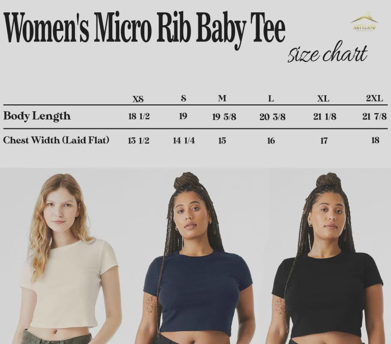 May include: A size chart for a Women's Micro Rib Baby Tee is displayed, with measurements in inches. The image features three women wearing the tee in cream, navy, and black. The body length ranges from 47 cm to 55 cm.