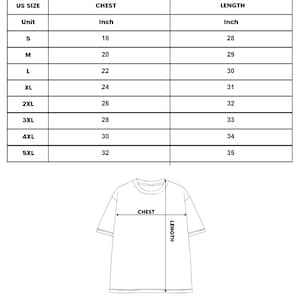 May include: A white t-shirt illustration with chest and length measurements in inches. The size chart includes sizes S to 5XL, with chest measurements ranging from 18 to 32 inches and lengths from 28 to 35 inches. The text "T-SHIRT" is at the top.