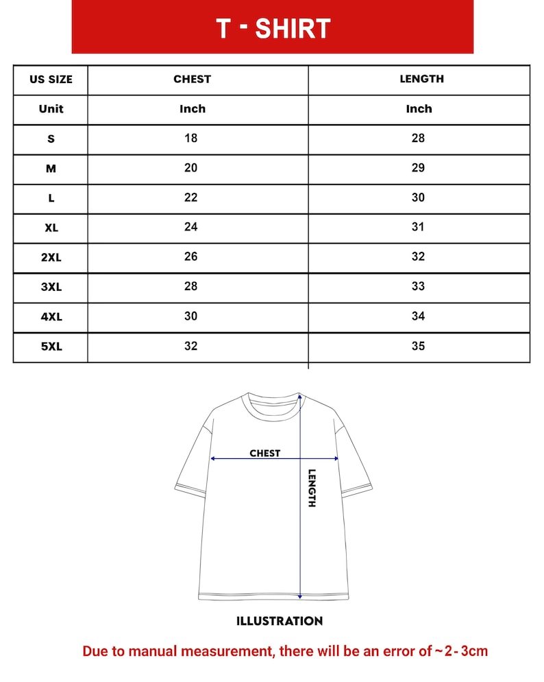 May include: A white t-shirt illustration with chest and length measurements in inches. The size chart includes sizes S to 5XL, with chest measurements ranging from 18 to 32 inches and lengths from 28 to 35 inches. The text "T-SHIRT" is at the top.