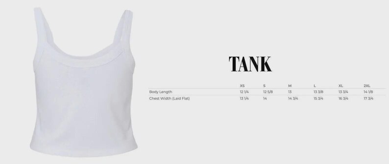 May include: A white vest top with a scoop neckline and spaghetti straps. The word "TANK" is displayed in bold, black text. Size measurements are listed in inches for body length and chest width.