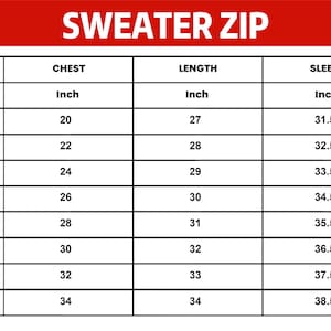 May include: A size chart for a sweater zip, with measurements in inches. The chart includes sizes S to 5XL, detailing chest, length, and sleeve dimensions. The title "SWEATER ZIP" is in a red banner at the top.