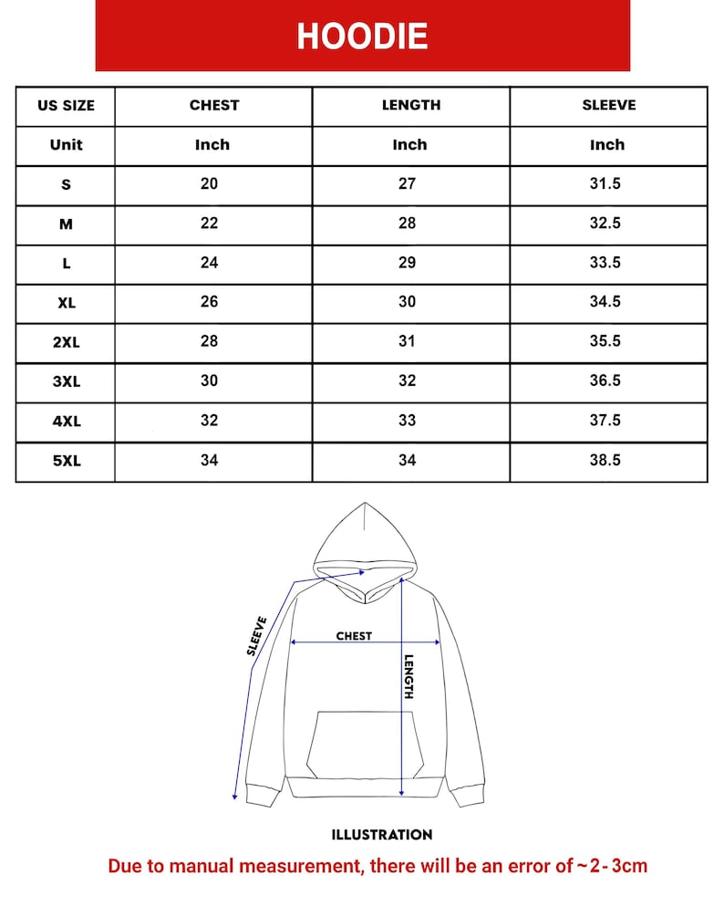 May include: Image of a hoodie size chart with chest, length, and sleeve measurements in inches. Sizes range from S to 5XL, with chest measurements from 20 to 34 inches. An illustration of a hoodie is also included.