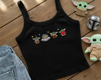 Haftowany top Baby Yoda, koszulka niemowlęca Disney Star Wars Grogu, krótki top Baby Yoda Galaxy, koszulka Mandalorian, strój na wycieczkę do Disneylandu