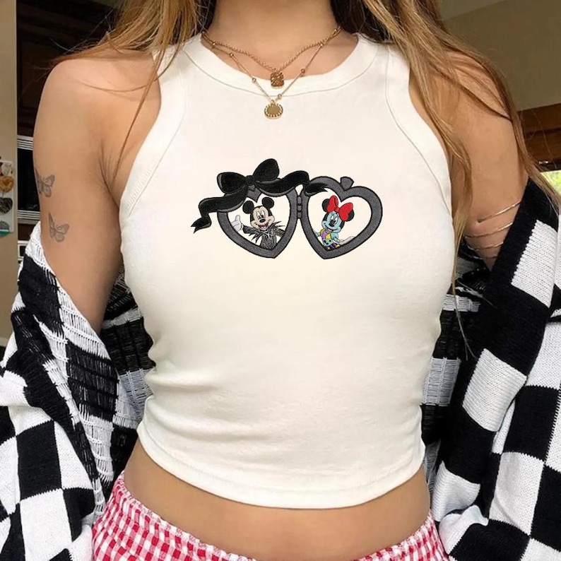 Embroidered Halloween Mickey Minnie Locket Tank Top, Disney Halloween Couple Tee, Jack And Sally Nightmare Before Christmas, Spooky Season image 1
