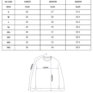 May include: A white chart with black text detailing sweater measurements in inches. The chart includes sizes S to 5XL, with chest, length, and sleeve measurements. An illustration of a sweater is below the chart, with labels for chest, length, and sleeve.