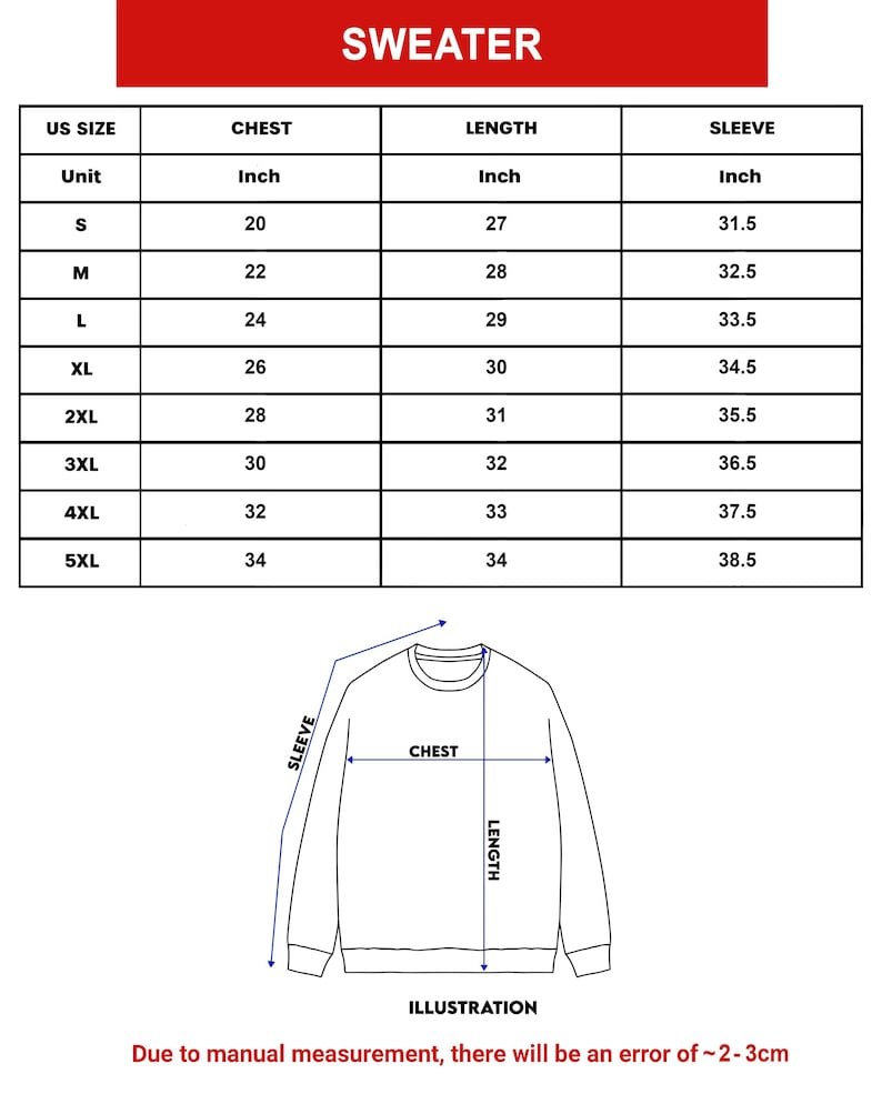May include: A white chart with black text detailing sweater measurements in inches. The chart includes sizes S to 5XL, with chest, length, and sleeve measurements. An illustration of a sweater is below the chart, with labels for chest, length, and sleeve.