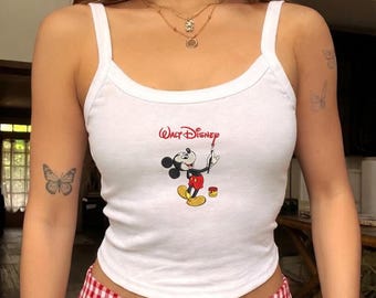 Camiseta sin mangas bordada de Mickey Mouse de Disney, top corto de artista de Walt Disney, camiseta infantil de Mickey y sus amigos, viaje clásico a Disney, atuendo para parques Disney.