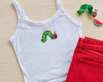 Camiseta corta bordada "Eat the Rich", camiseta de tirantes finos con bordado de "Hungry Caterpillar", regalo para amantes de los libros
