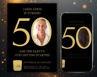 May include: Black and gold 50th birthday party invitation. The invitation features the text "JASON LEWIS IS TURNING 50 AND THE PARTY'S JUST GETTING STARTED!" with a photo of a man. A matching design is shown on a smartphone.