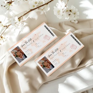 May include: Two wedding invitation cards designed as boarding passes. The cards are light peach with a world map graphic and the text "Save The Date" with the names Maya Martinez & Noah Sullivan. A photo of hands with rings is on the left.