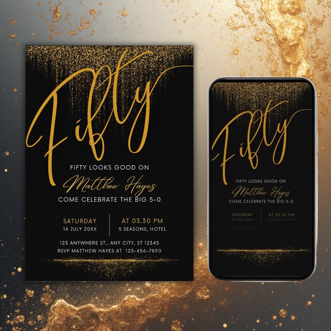 Rec Invitation Gold Glitter 50th Birthday Invitation Template, Black Elegant Canva ...