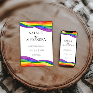 May include: A wedding invitation and a smartphone displaying a similar design. The invitation and phone screen feature a rainbow-colored wave design. The text reads "NATALIE & ALEXANDRA" and event details.