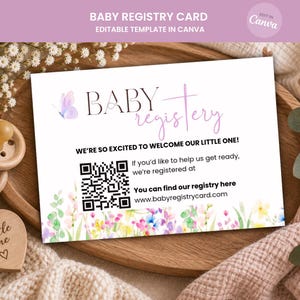 Op de afbeelding: Een rechthoekige baby-registratiekaart met een aquarel vlinder en bloemenrand. De tekst luidt BABY registry, WE'RE SO EXCITED TO WELCOME OUR LITTLE ONE!, een QR-code en de website www.babyregistrycard.com.
