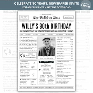 Op de afbeelding: Nieuwsbrief-achtige uitnodiging voor Willy's 90e verjaardag. Het ontwerp bevat de tekst "Willy's 90th Birthday" en een foto van een lachende man. Bewerken in Canva.