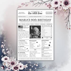 Op de afbeelding: Een gepersonaliseerde verjaardagsafdruk ter ere van Maria's 90e verjaardag, ontworpen in een vintage krantenstijl. De afdruk bevat details over het jaar 1935, populaire liedjes, films en de kosten van levensonderhoud.