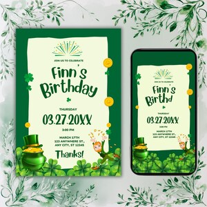 Op de afbeelding: Groene uitnodiging en telefoonscherm met St. Patrick's Day-thema. De uitnodiging bevat de tekst "Finn's Birthday" met een leprechaun, een pot met goud en klavers. De datum is 27 maart 20XX om 15:00 uur.