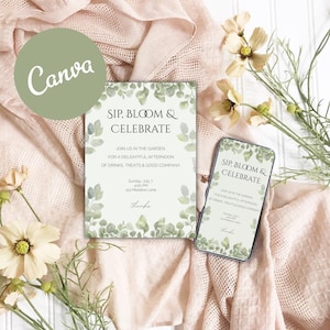 Op de afbeelding: Een uitnodiging en een smartphonescherm tonen de tekst "Sip, Bloom & Celebrate" met bloemmotieven. De uitnodiging bevat details voor een tuinfeest. Het Canva-logo is zichtbaar. De achtergrond omvat bloemen en stof.