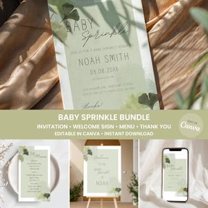May include: A baby sprinkle invitation with a soft green and white color scheme. The invitation includes the text "Baby Sprinkle" and details for Noah Smith's event. The image also shows a menu, welcome sign, and phone mockup.