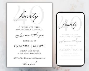 Minimalist 40th Birthday Invitation Canva Template – Elegant Black & White Digital E-Vite