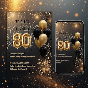 Op de afbeelding: Een uitnodiging voor Mia Allen's 80e verjaardag. Het ontwerp toont gouden en zwarte ballonnen, vuurwerk en de tekst "MIA ALLEN IS TURNING 80". De uitnodiging bevat evenementdetails: datum, tijd en locatie.