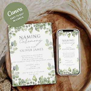 Op de afbeelding: Een uitnodiging voor een babynaamceremonie en een smartphone met hetzelfde ontwerp. De uitnodiging bevat tekst en aquarel eucalyptusbladeren. De tekst luidt "Naamceremonie voor baby Oliver James". De smartphone toont hetzelfde ontwerp.