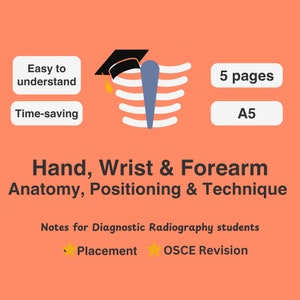 May include: An illustration of hand, wrist and forearm anatomy, in blue and white. The image is titled "Hand, Wrist & Forearm Anatomy, Positioning & Technique". The text "Notes for Diagnostic Radiography students" is below the title. The text "Placement" and "OSCE Revision" are below the text "Notes for Diagnostic Radiography students". The image also includes a graduation cap, a stack of papers, and the text "5 pages" and "A5".