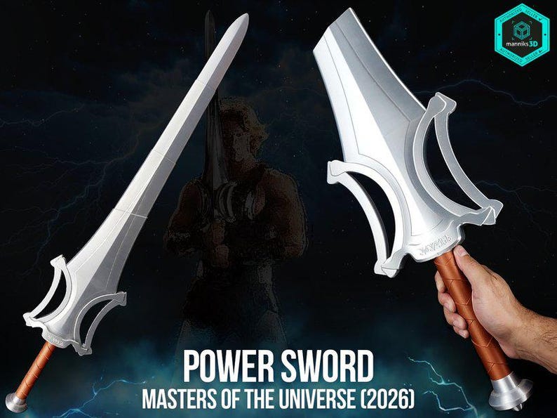 May include: A silver-colored Power Sword from Masters of the Universe (2026) featuring a long, pointed blade, a curved crossguard, and a brown handle with a silver pommel. The sword is displayed in two views, one full length and one held by a hand.
