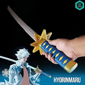 May include: A replica sword with a silver blade, gold star-shaped handguard, and a blue handle with gold diamond accents. The word "HYORINMARU" is printed in white. The sword is held against a black background.