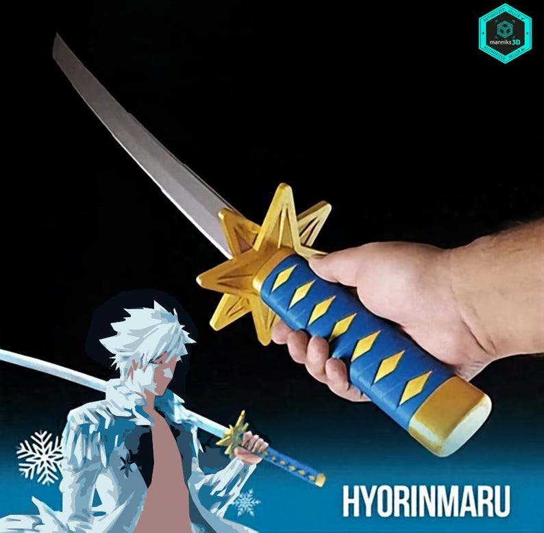 May include: A replica sword with a silver blade, gold star-shaped handguard, and a blue handle with gold diamond accents. The word "HYORINMARU" is printed in white. The sword is held against a black background.