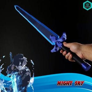 May include: A blue and black sword with a stylized design, held in a hand. The sword has a dark blue blade with a lighter blue outline and a detailed blue hilt. The handle is black. The text "NIGHT SKY" is visible at the bottom.