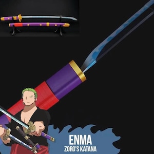 May include: A purple and red katana sword with a blue blade, gold accents, and a star pattern. The image also features a character illustration and the text "ENMA ZORO'S KATANA".