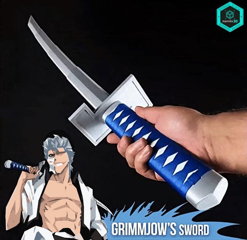 May include: A prop sword with a silver blade and a blue handle with white diamond accents. The handle is held in a hand. The text "GRIMMJOW'S SWORD" is at the bottom of the image.